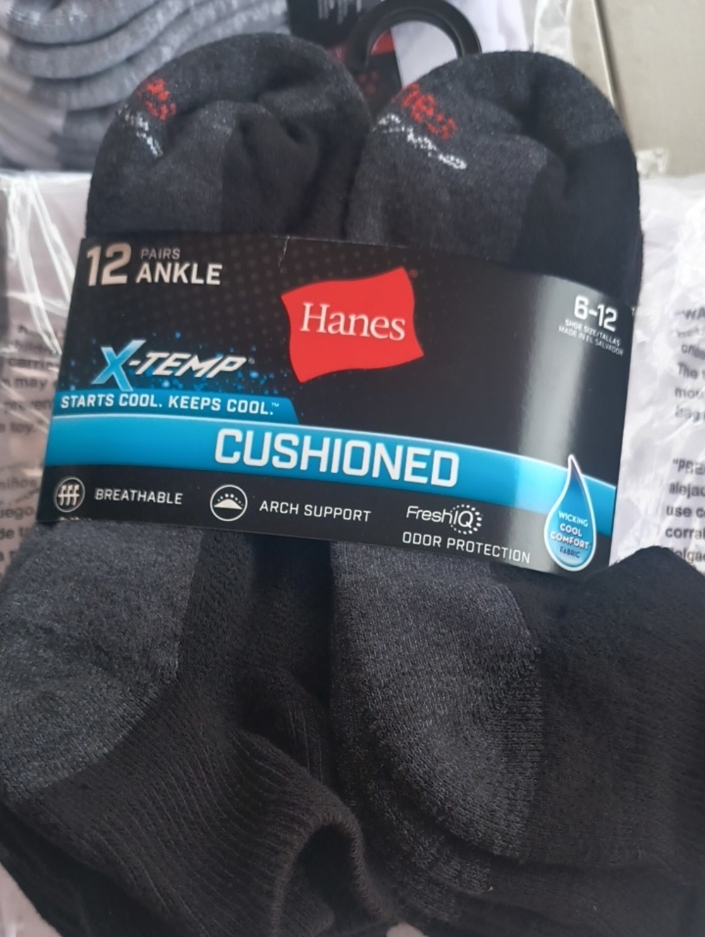 Hanes X-Temp Cushioned Ankle Socks - Black/Grey (12 Pairs)